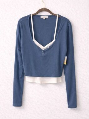 Sugar Moon Layered Long Sleeve Top Blue White Crop Henley Style NWT XL